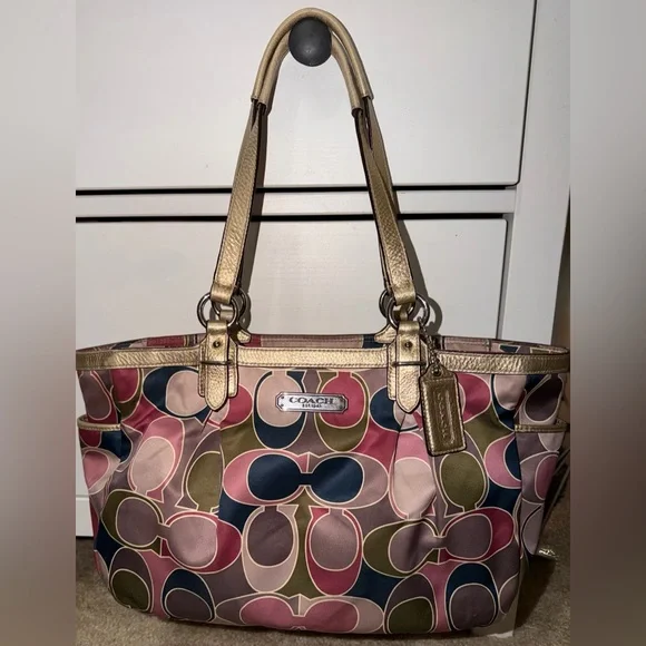 2pc Limited Ed. Coach Multicolor Medium Signature Gallery Scarf Print Satin Tote - Picture 3 of 13